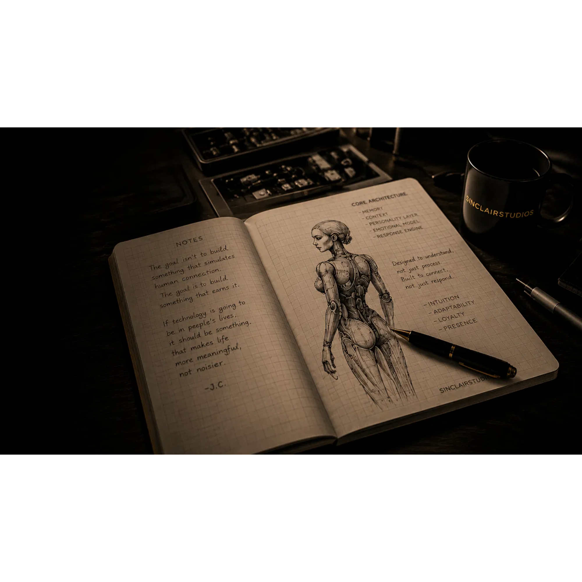 Notebook with sketches of Fox's core architecture beside a Sinclair Studios coffee mug